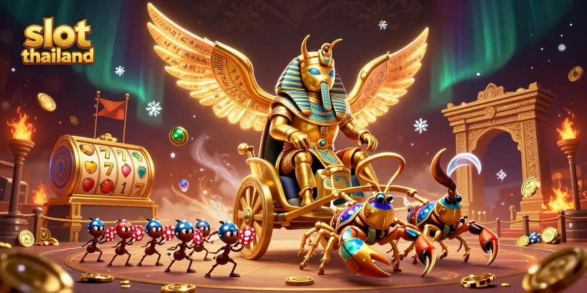 Experience thrilling slot thailand action with a golden beetle chariot scene.