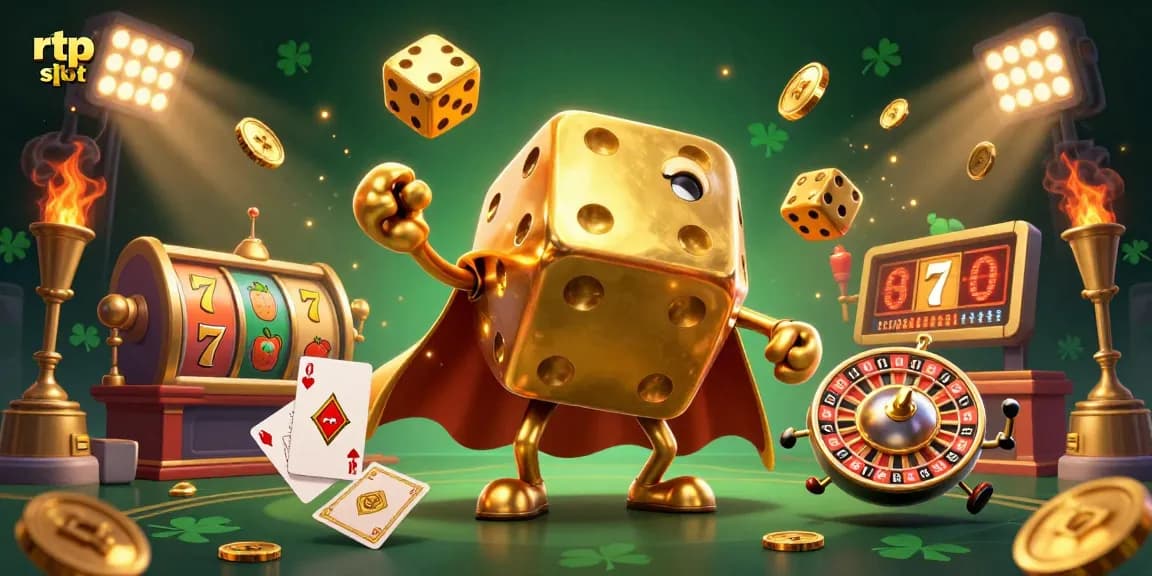 Experience rtp slot action in a vibrant 3D scene with dice and slot elements, showcasing lively casino entertainment.