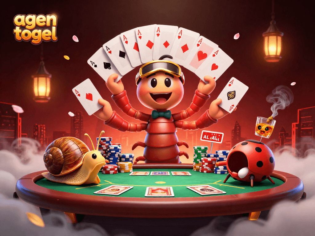 Agen togel terbaik memperlihatkan dealer dengan kartu dan pemain seru di meja poker, pengalaman bermain yang menarik.
