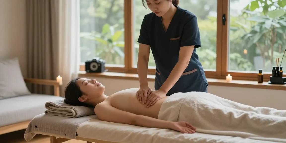 구래동출장안마 중인 마사지 서비스 장면, 아늑한 거실에서 편안한 분위기를 연출합니다.