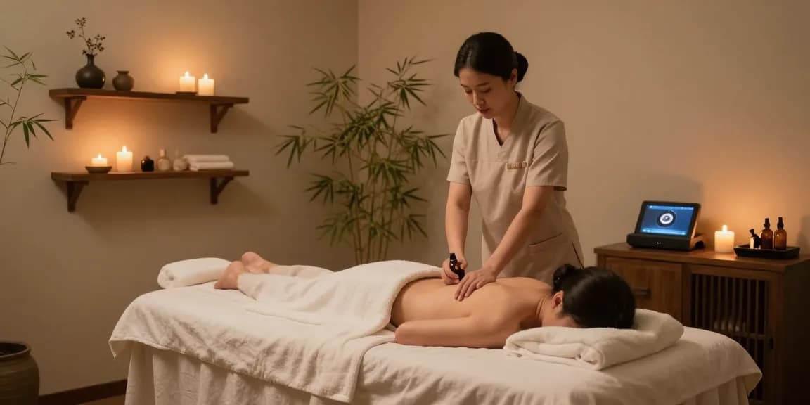 Relaxing massage room ambiance featuring Swedish treatment setup from https://www.makangs.com/region/국내/서울-/마사지-스웨디시, with aromatic candles and calming decor.