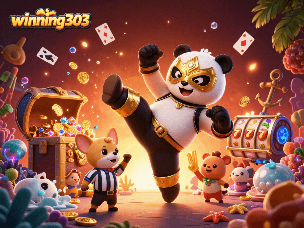 Engage in gaming adventure with winning303 featuring panda wrestler, exciting slots, and dynamic casino elements.