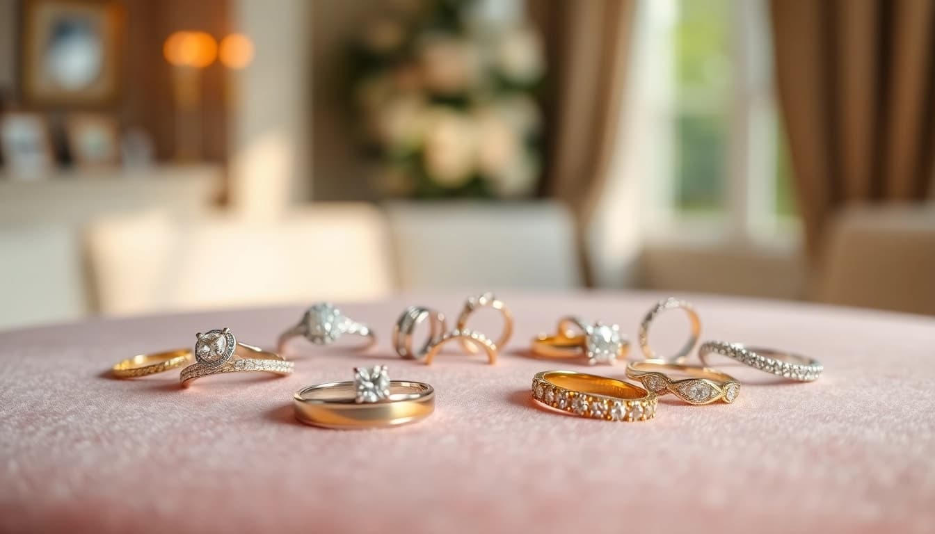 Admire exquisite wedding rings displayed beautifully on velvet, emphasizing elegance and craftsmanship.