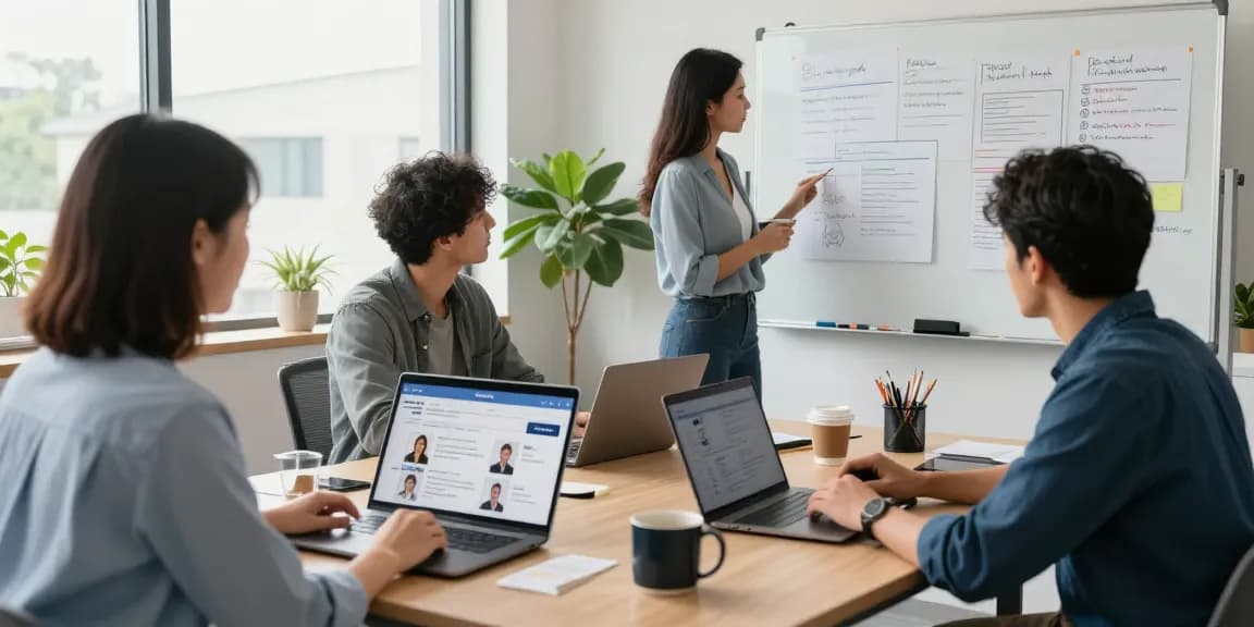 Hiring manager and team reviewing candidates to hire talent in Latin America in a modern office.