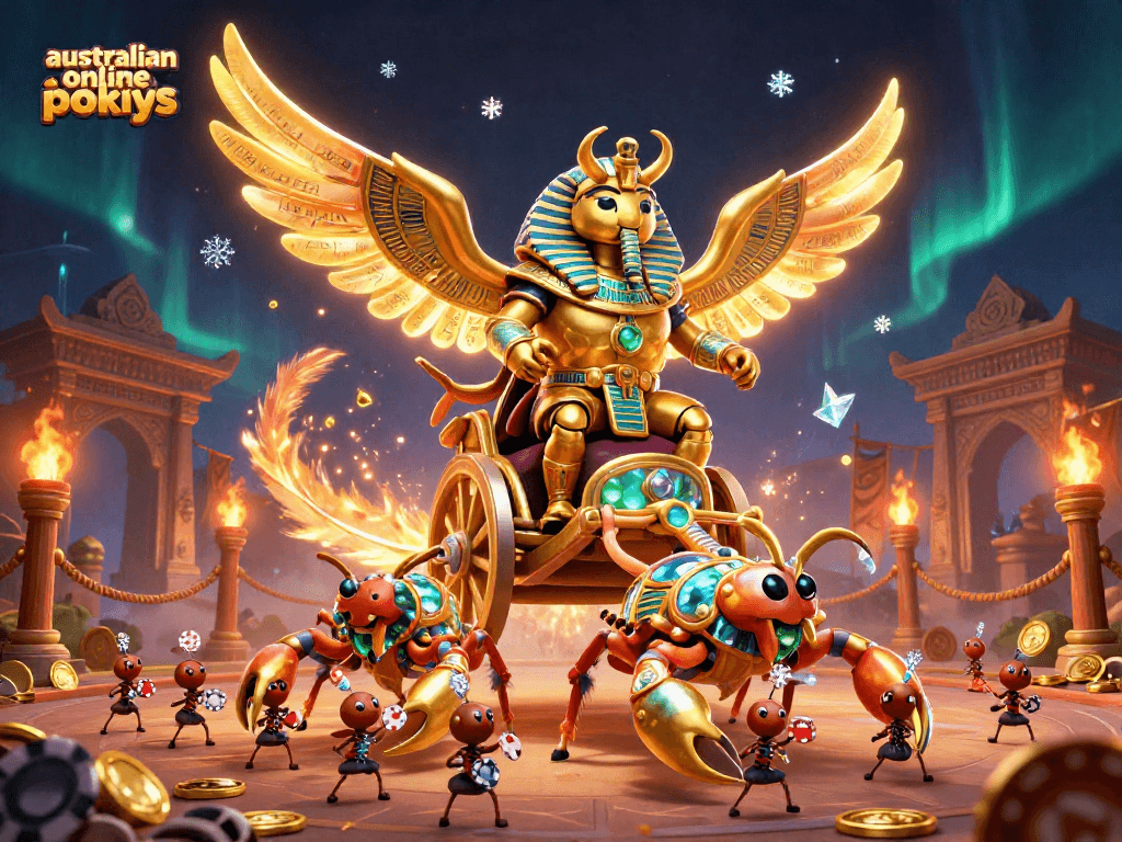 Engage with australian online pokies and vibrant 3D casino elements in a captivating battle scene.