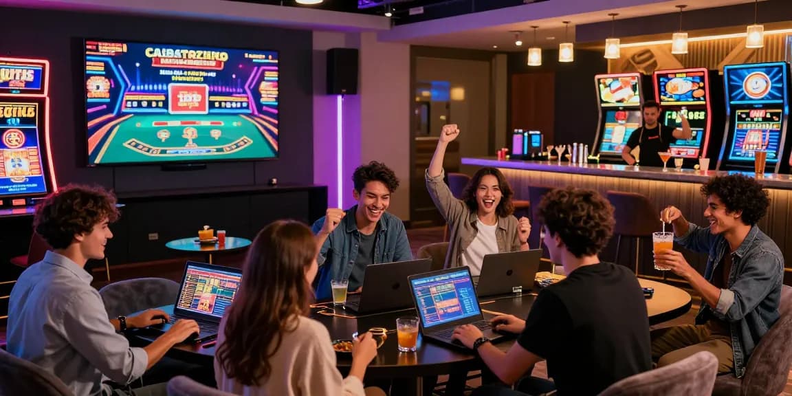 Group of friends enjoying gaming in a modern lounge while exploring situs casino online promotions.
