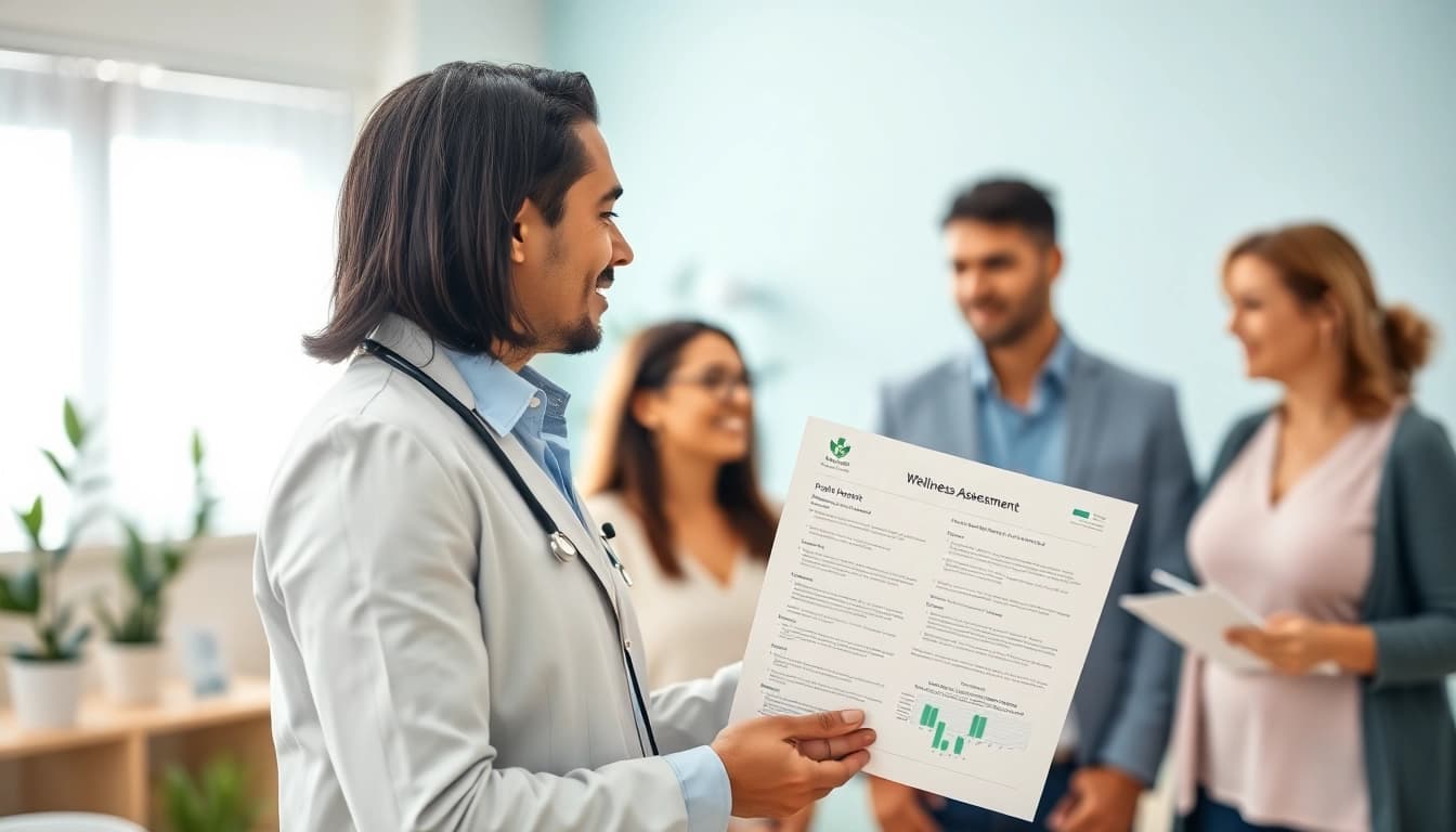Engaging health consultant assisting individuals in a welcoming clinic, emphasizing Health and wellness.