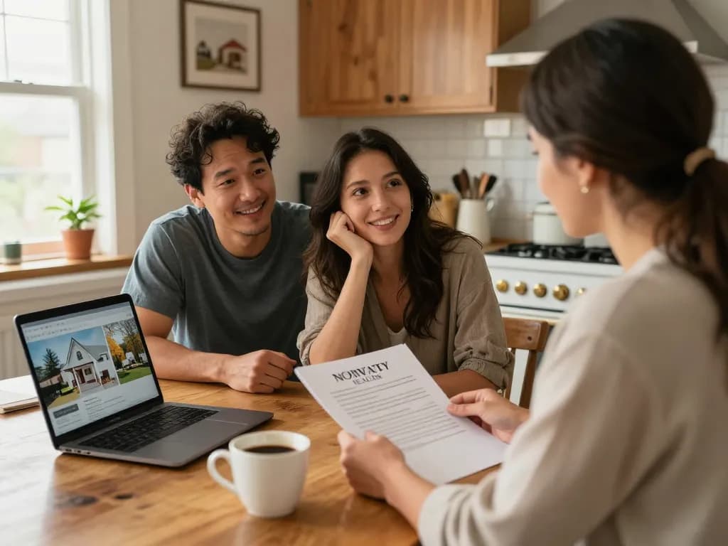 Cash home buyers discussing paperwork in a cozy kitchen setting