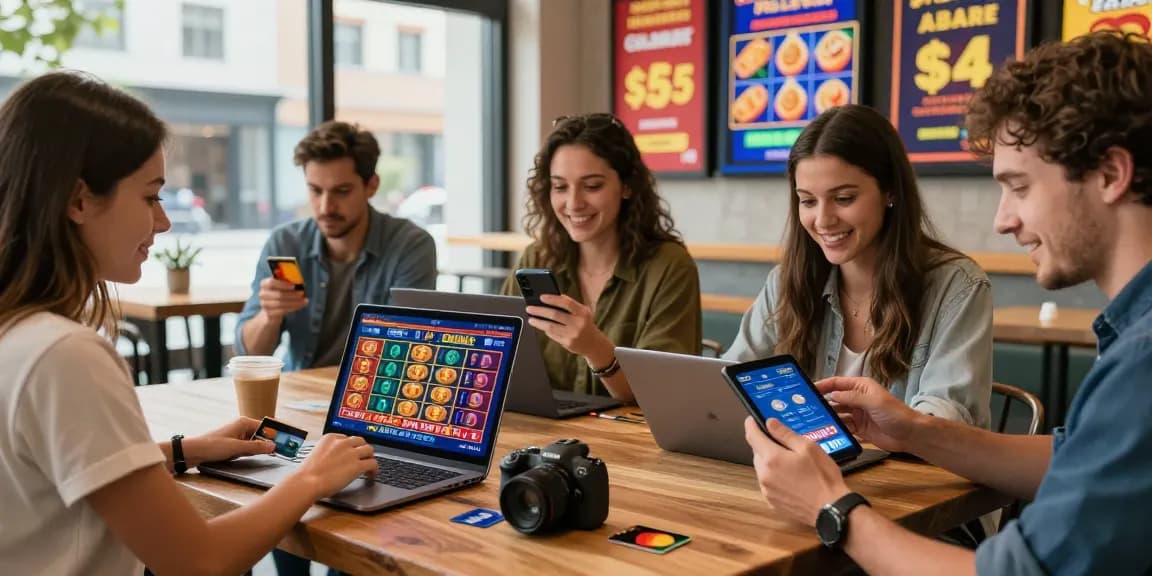 Engaging online casino scene at https://bhma.org.uk/ with diverse players enjoying credit card gaming, vibrant game graphics, and bright atmosphere.
