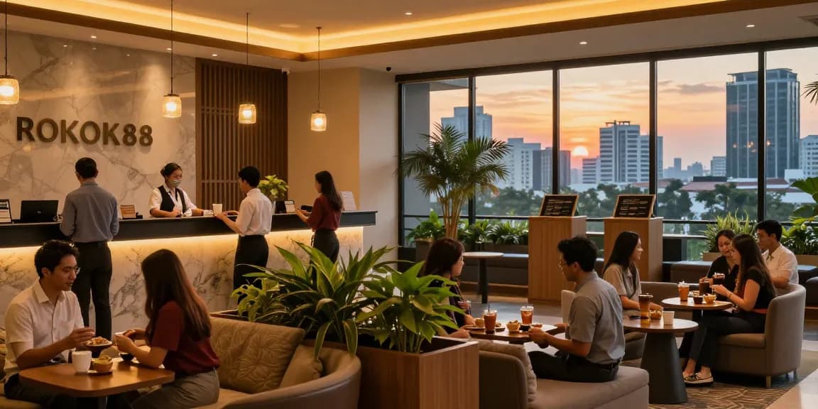 Experience the welcoming atmosphere at https://rokok88.io with cozy lobby scene.