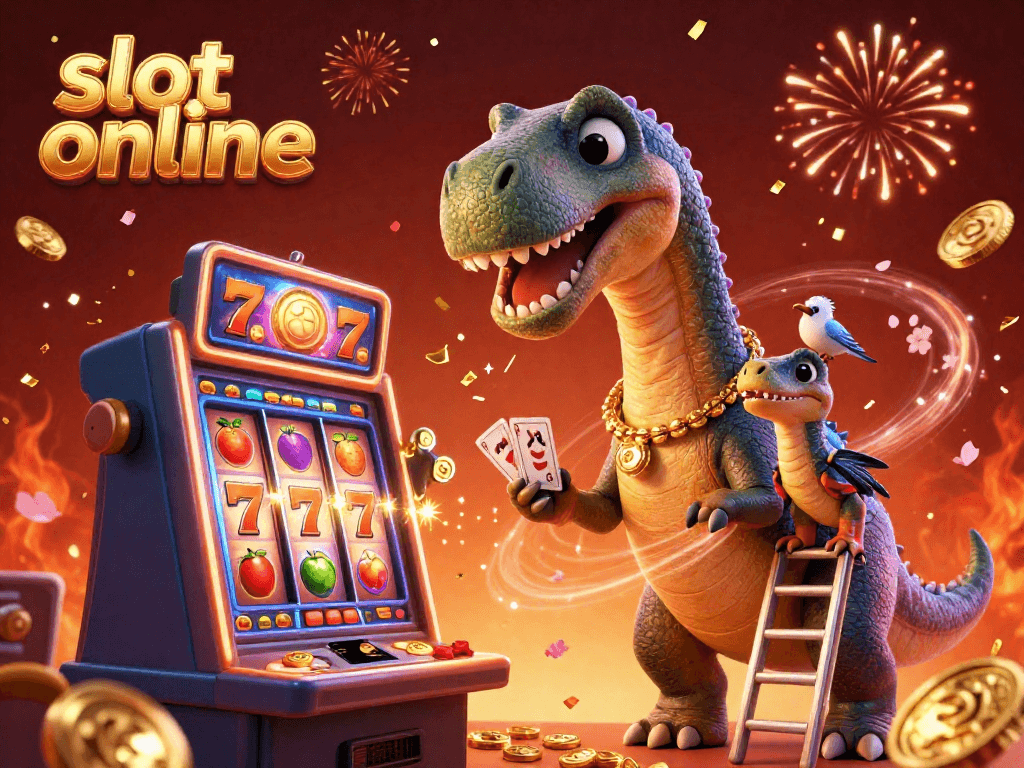 Engage with the vibrant slot online experience featuring a brontosaurus and a clever raptor amidst dynamic gaming elements.