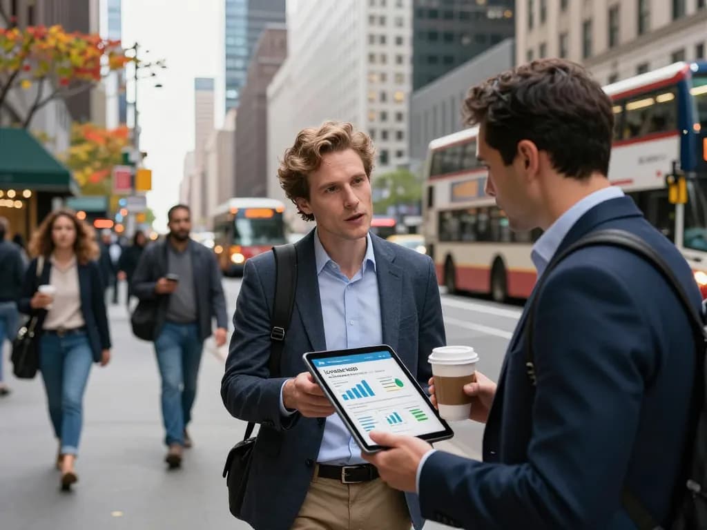Dynamic business professional discussing Local SEO NYC strategy in vibrant city street.