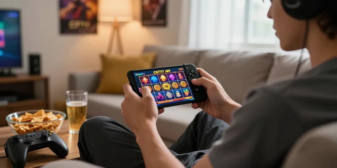 Pengguna memainkan slot gacor di CR777 APK dengan antusias, dikelilingi suasana nyaman dan pencahayaan hangat.