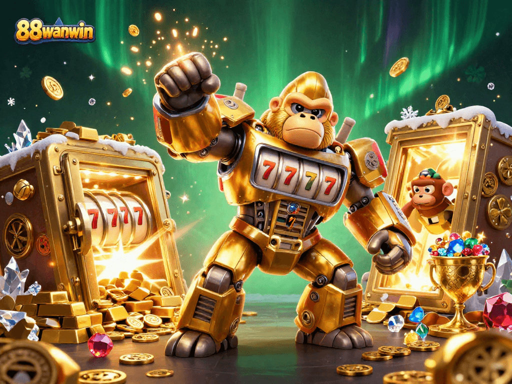 Experience 88wanwin with a golden gorilla mech amidst exploding coins and treasures.