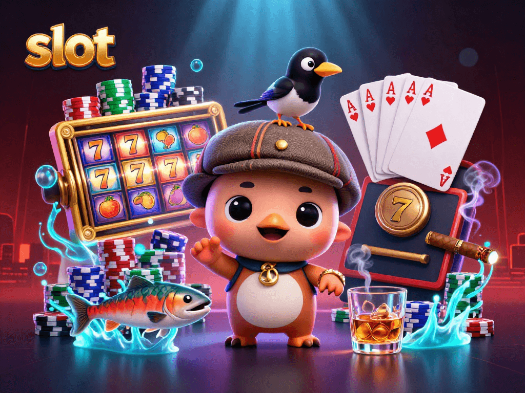 Spin the slot reels with Nessie, a playful magpie, and tartan salmon in a vibrant casino illustration.