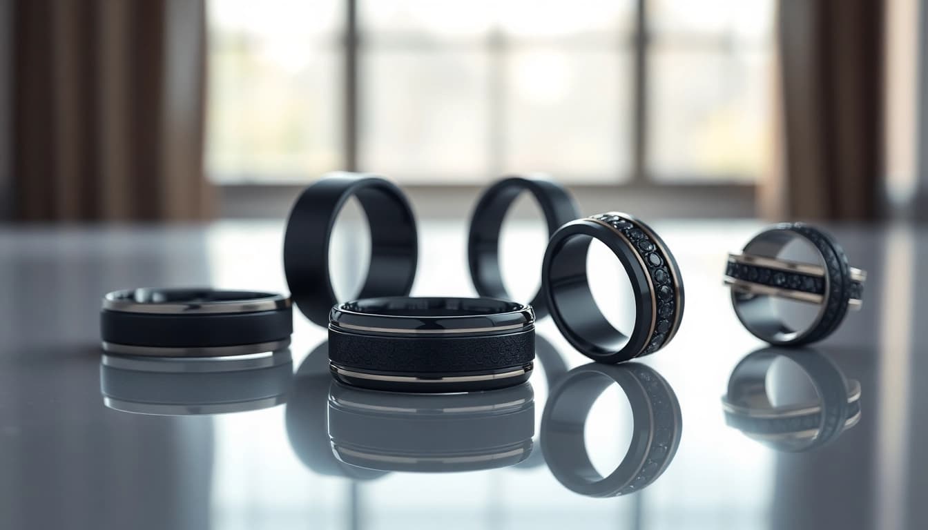 Showcase of elegant Black Wedding Rings for Men highlighting unique designs and textures.