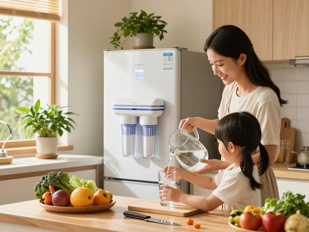 Family enjoying filtered water with the EcoAqua EFF-6027A Replacement Filter in a bright kitchen.