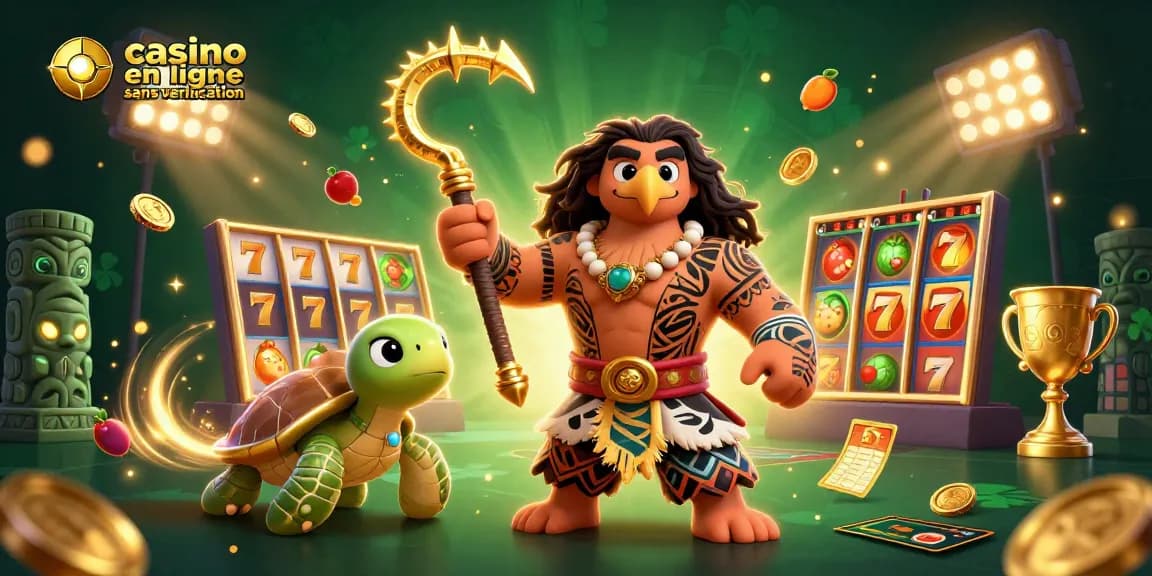 Une illustration 3D captivante montrant un casino en ligne sans vérification avec des personnages colorés et des éléments de jeux d'argent.