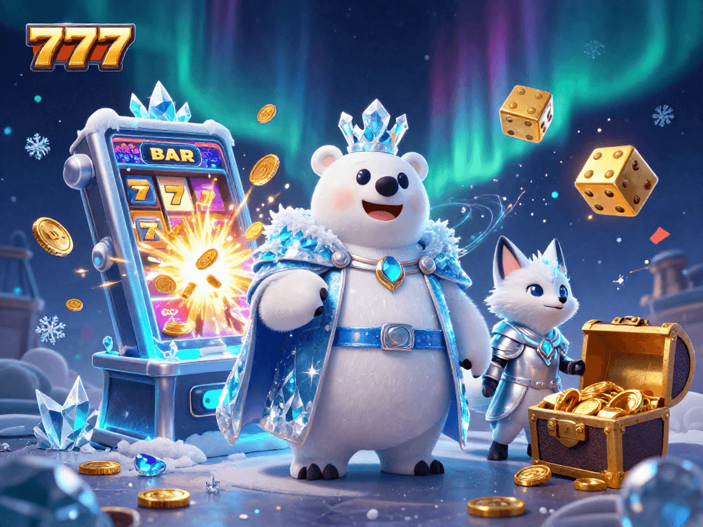 Win big with 777 slots featuring a polar bear and snow fox in an exciting casino scene.