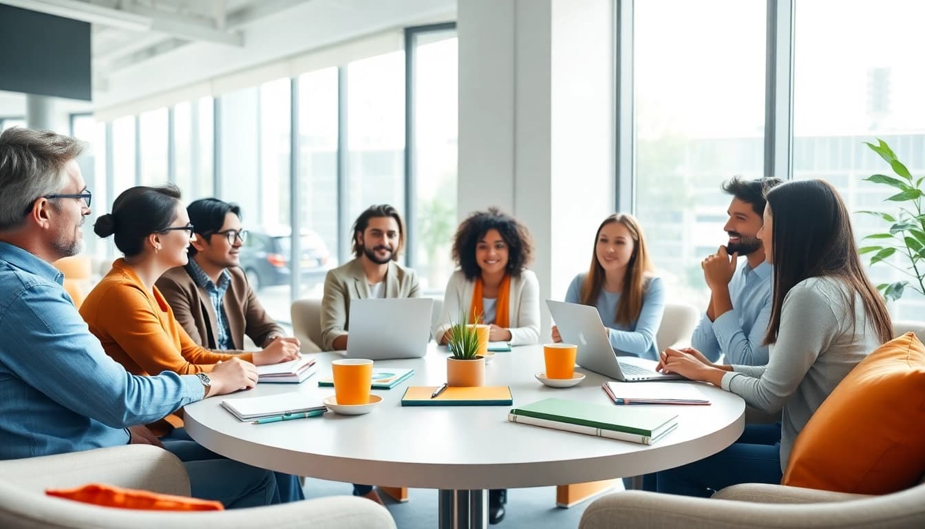 Engaging business coaching service session with diverse participants collaborating in a bright office.
