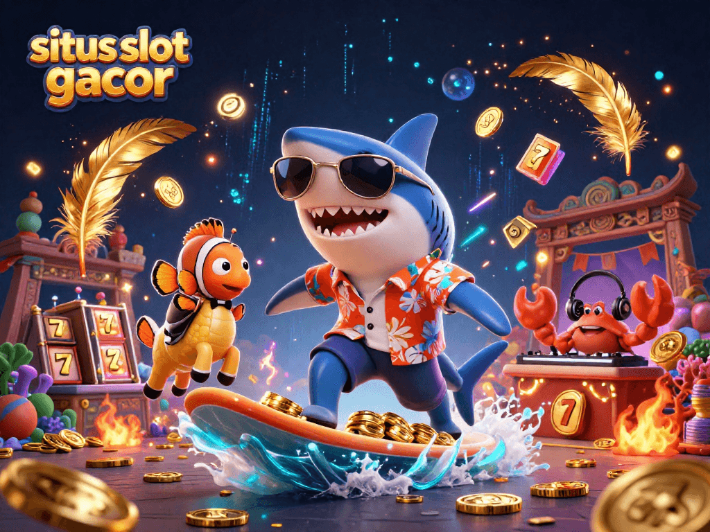 Join the fun at situs slot gacor with a vibrant scene of a shark and friends riding gold coins.