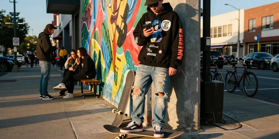 Fashionable streetwear look featuring kw rokok88 super designs, vibrant urban backdrop.