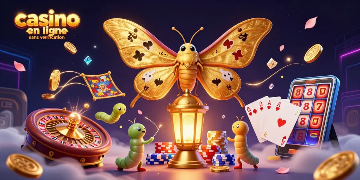 Jouer dans un casino en ligne sans vérification avec des motifs captivants d'un papillon et des jetons brillants.