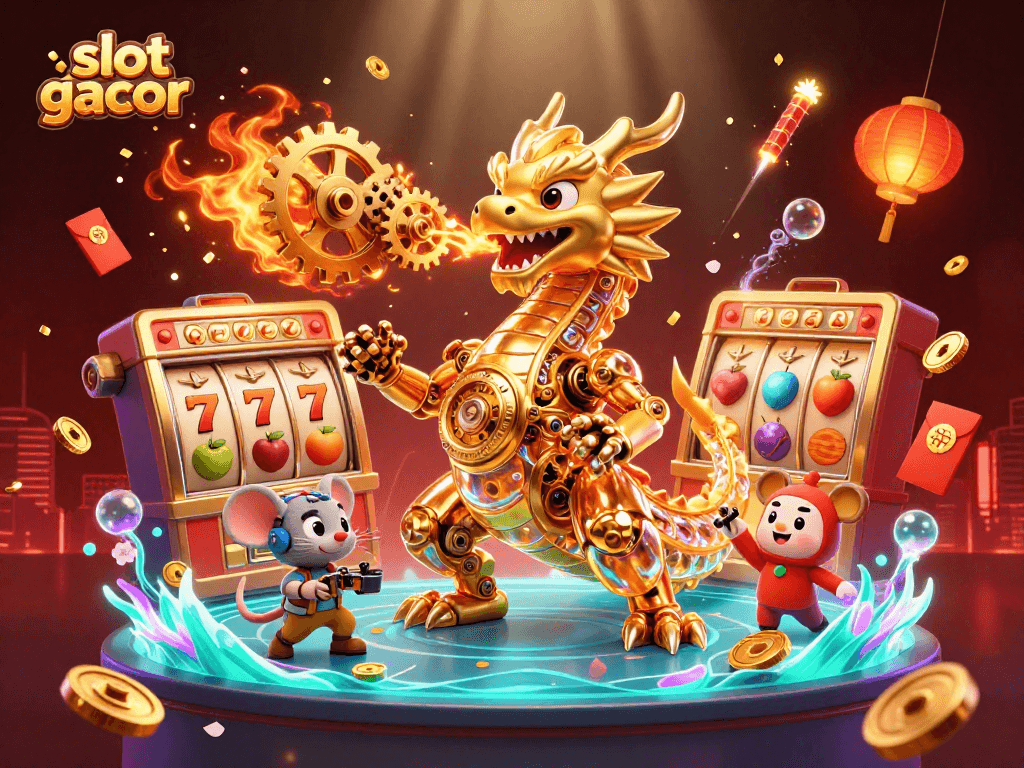Slot gacor menampilkan naga emas biomekanik yang memukau di kasino dengan banyak simbol.