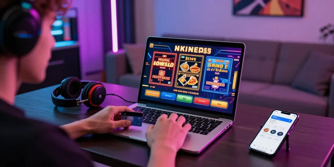 Engaging with credit card casinos UK in a vibrant home gaming setup with diverse games and banking options.