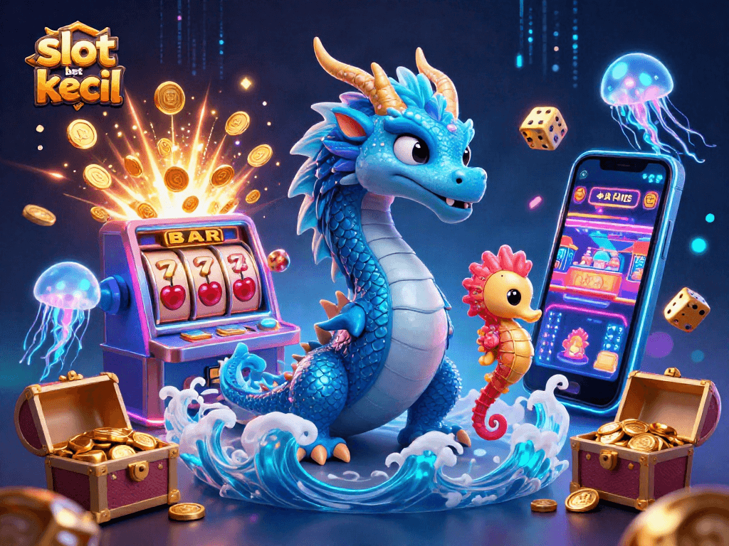 Experience the thrill of slot bet kecil as a water dragon and seahorse knight celebrate around a jackpot slot machine.