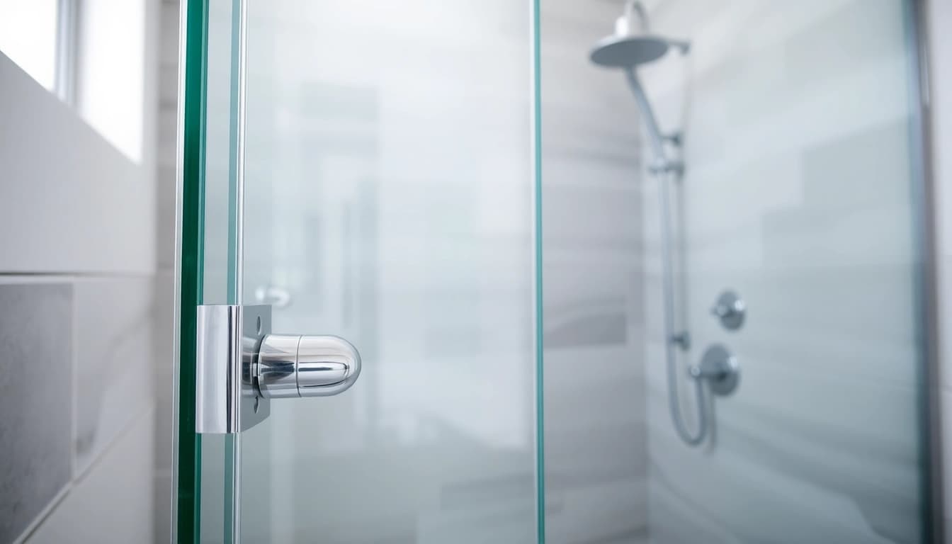 Showcase a stylish shower screen door in a modern bathroom with sleek design and glass finish.