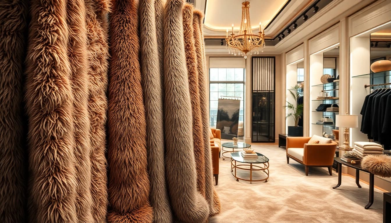 Bekijk nepbont stoffen in een stijlvolle setting met luxe texturen en warme kleuren.