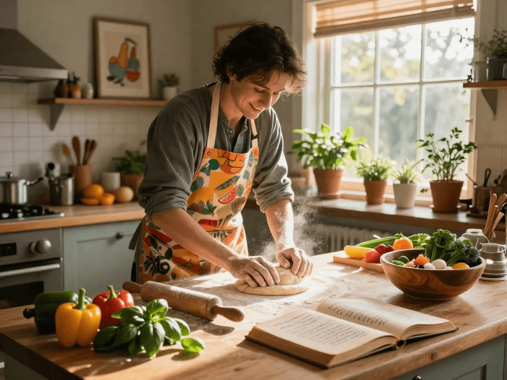 Home cook preparing artisan pizza with fresh ingredients in a cozy kitchen, inspired by https://raja328argent.com/ for 2026 culinary enthusiasts.