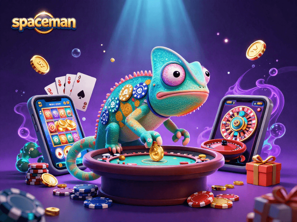 Spaceman-themed casino illustration featuring a colorful chameleon and dynamic slot game elements.