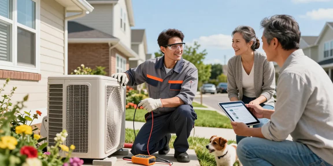 HVAC SEO company technician repairing air conditioning unit with homeowner's engagement.