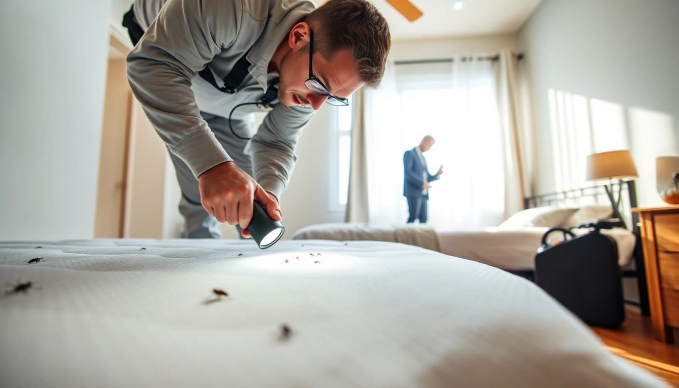 Bed bug services near me by professionally trained exterminators inspecting a bedroom for infestations.