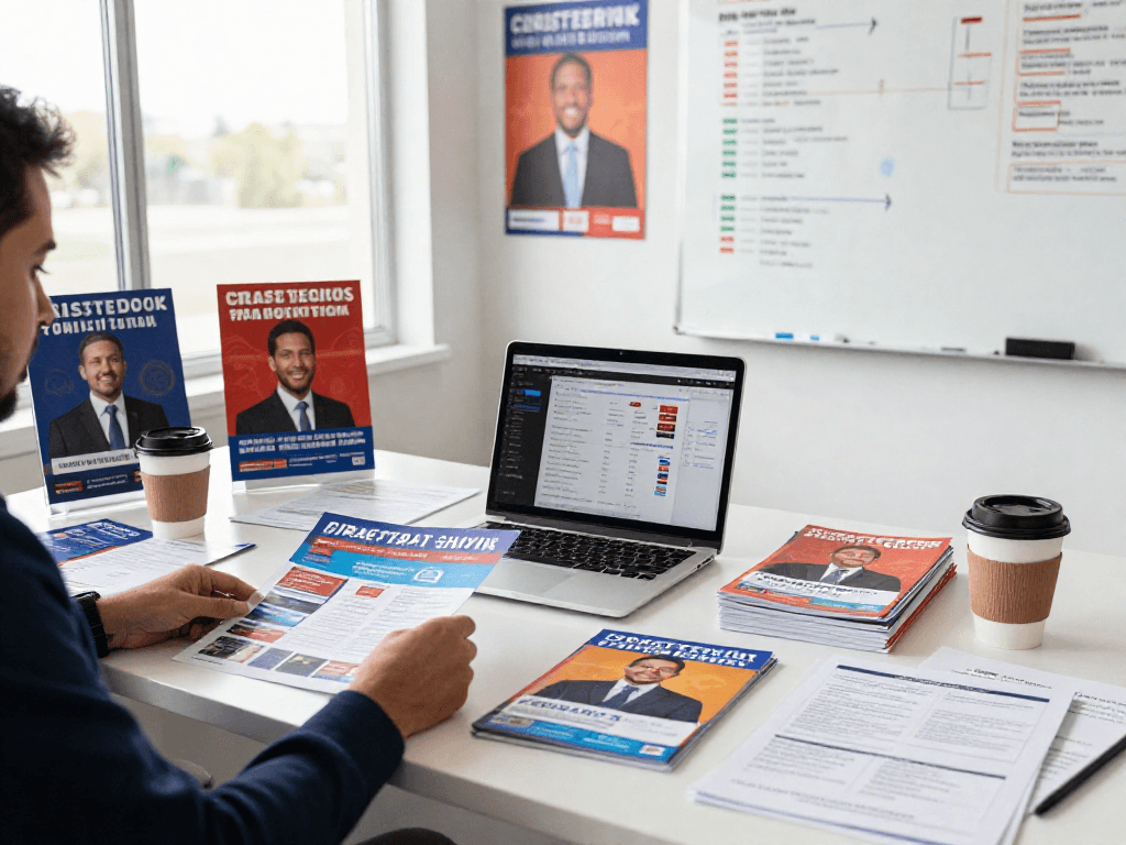 Campaign direct mail materials reviewed by a candidate in a professional workspace.
