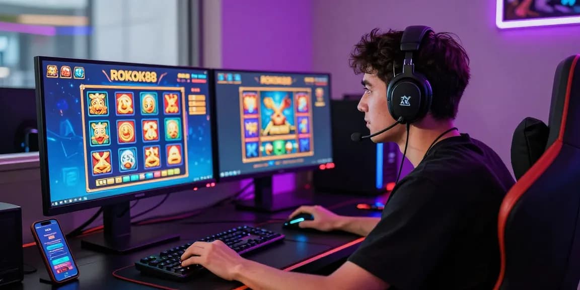Player enjoying slot games on ROKOK88 platform with vibrant graphics and technology