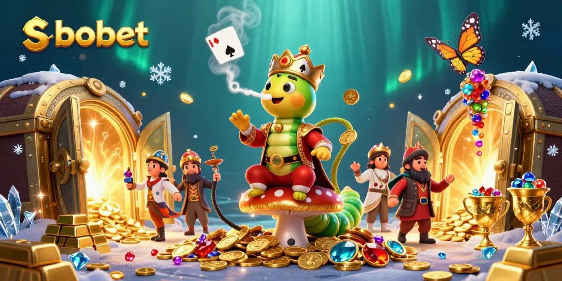Engage in sbobet gaming excitement with a vibrant casino scene featuring a caterpillar hookah-master.