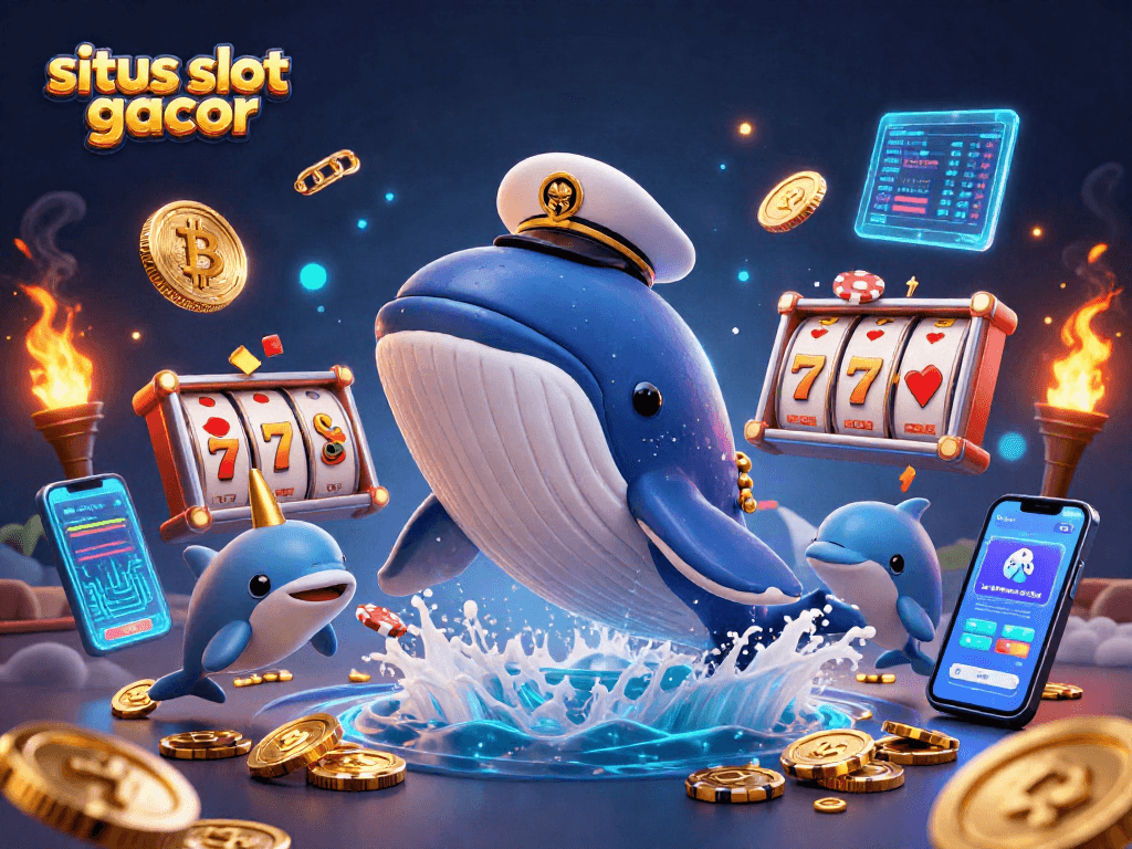Situs slot gacor shines as a whale breaches through coins, enhanced with slot reels and vibrant crypto elements.