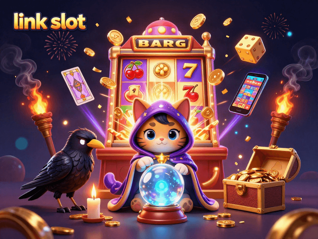Experience thrilling spins with link slot as a mystical cat and a raven play among exploding slot elements.