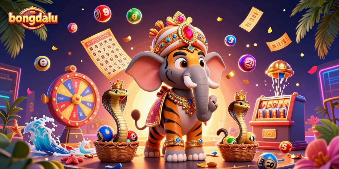Experience the thrilling vibes of bongdalu with a vibrant lottery carnival scene featuring colorful elements and exotic characters.