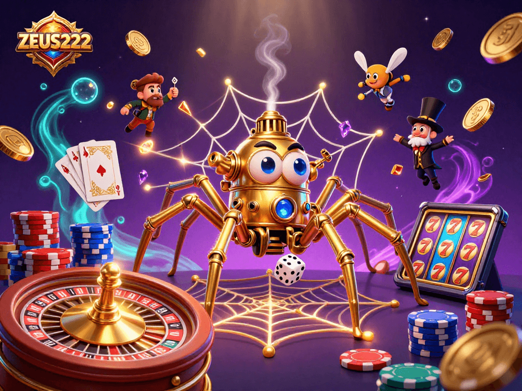 Experience ZEUS222 with this engaging 3D illustration showcasing thrilling slots and casino elements.