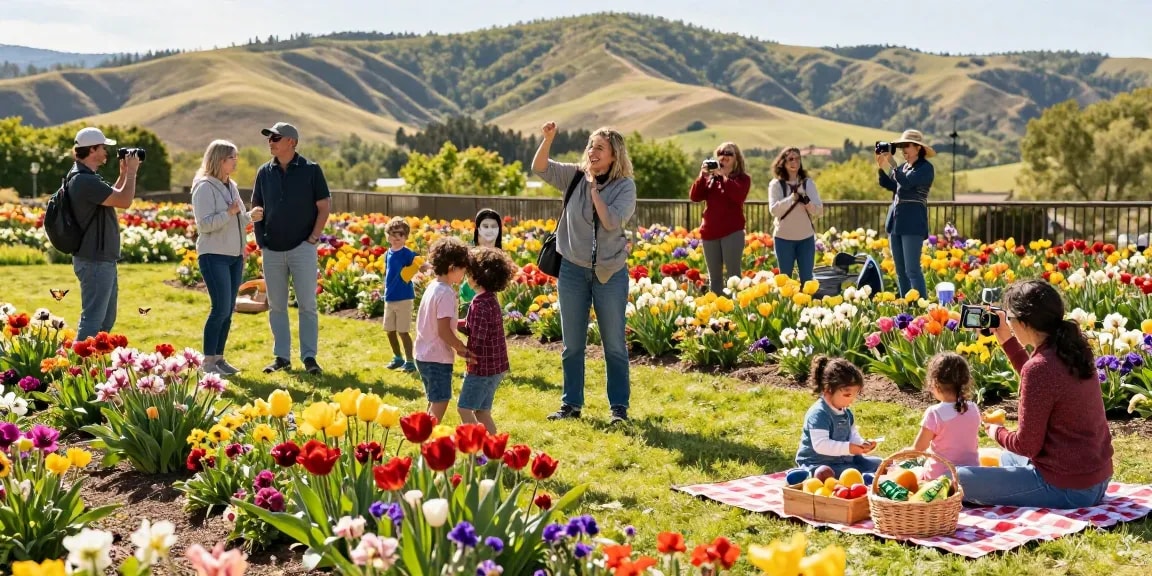 Visitors enjoying the vibrant flowers at https://www.thecapayvalleygardentour.com during the spring season.
