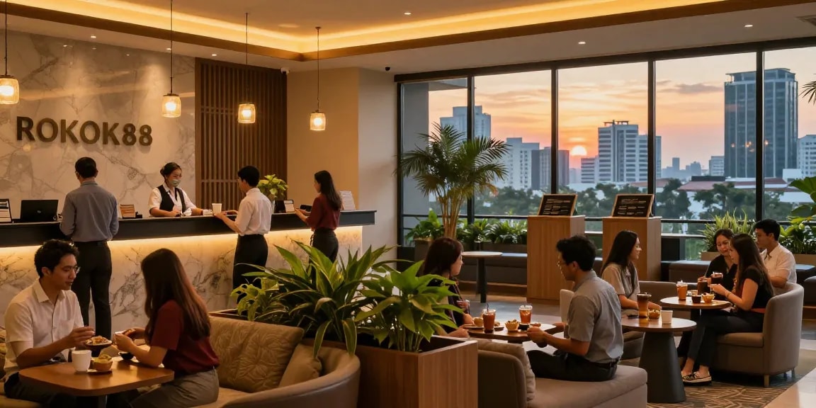 Experience the welcoming atmosphere at https://rokok88.io with cozy lobby scene.