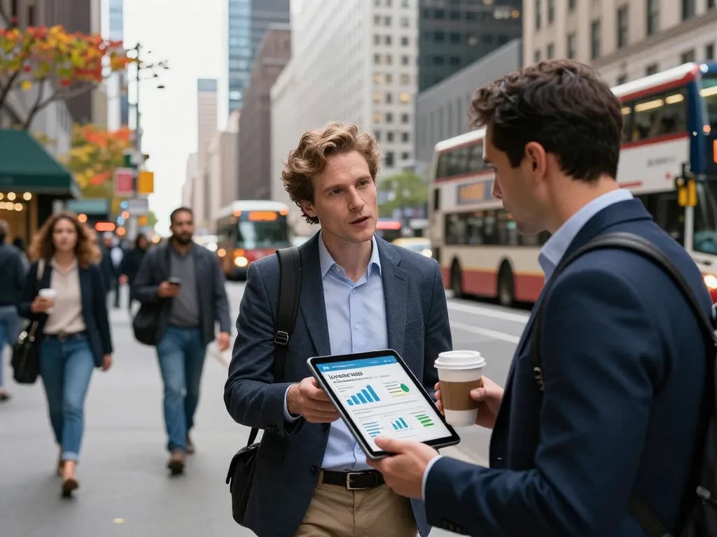 Dynamic business professional discussing Local SEO NYC strategy in vibrant city street.