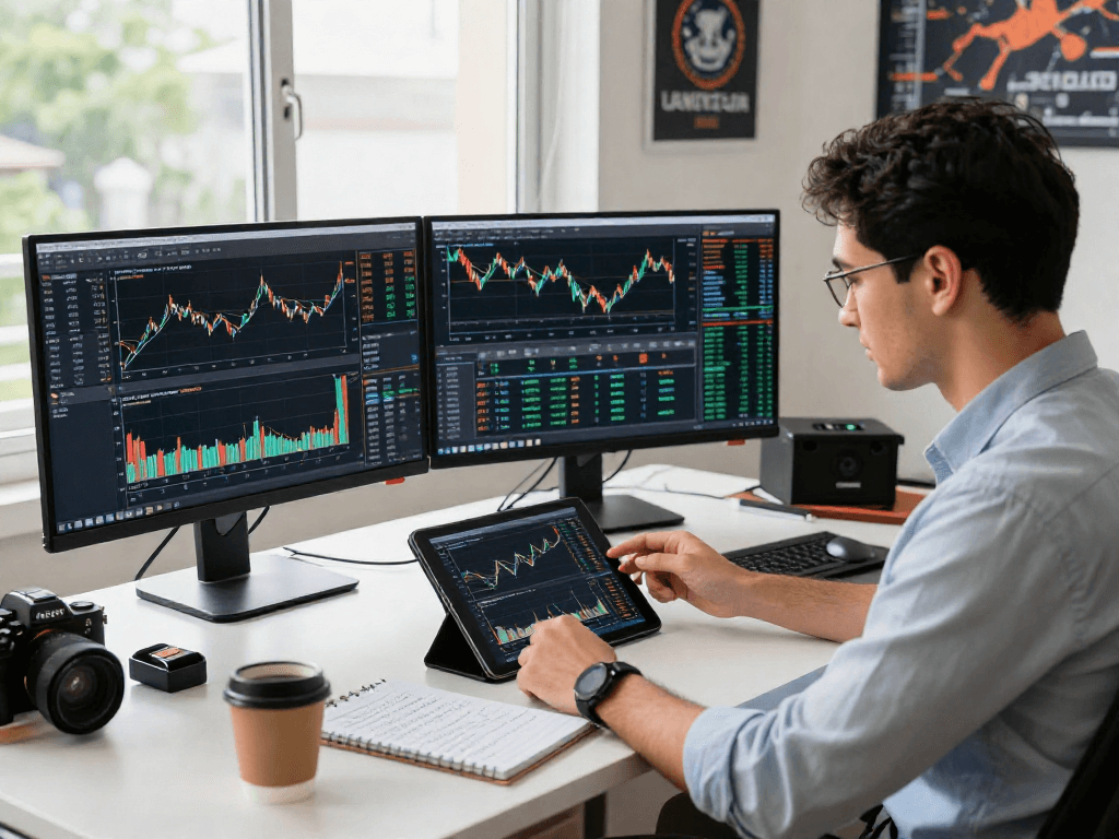专业交易员在MetaTrader 5平台上分析数据，展示多屏金融图表和实时更新，专注而具活力的交易环境。