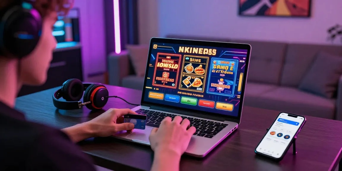 Engaging with credit card casinos UK in a vibrant home gaming setup with diverse games and banking options.