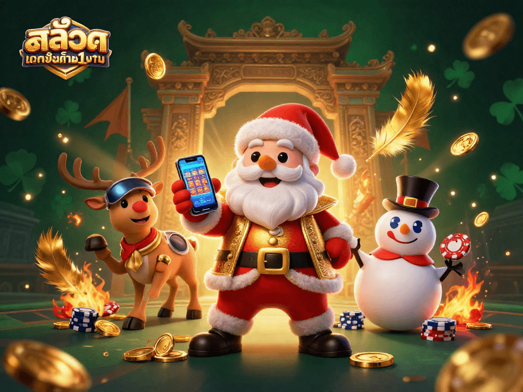 Spin the reels with สล็อตฝากขั้นต่ำ1บาท, enjoy thrilling jackpot slots in a festive casino scene.