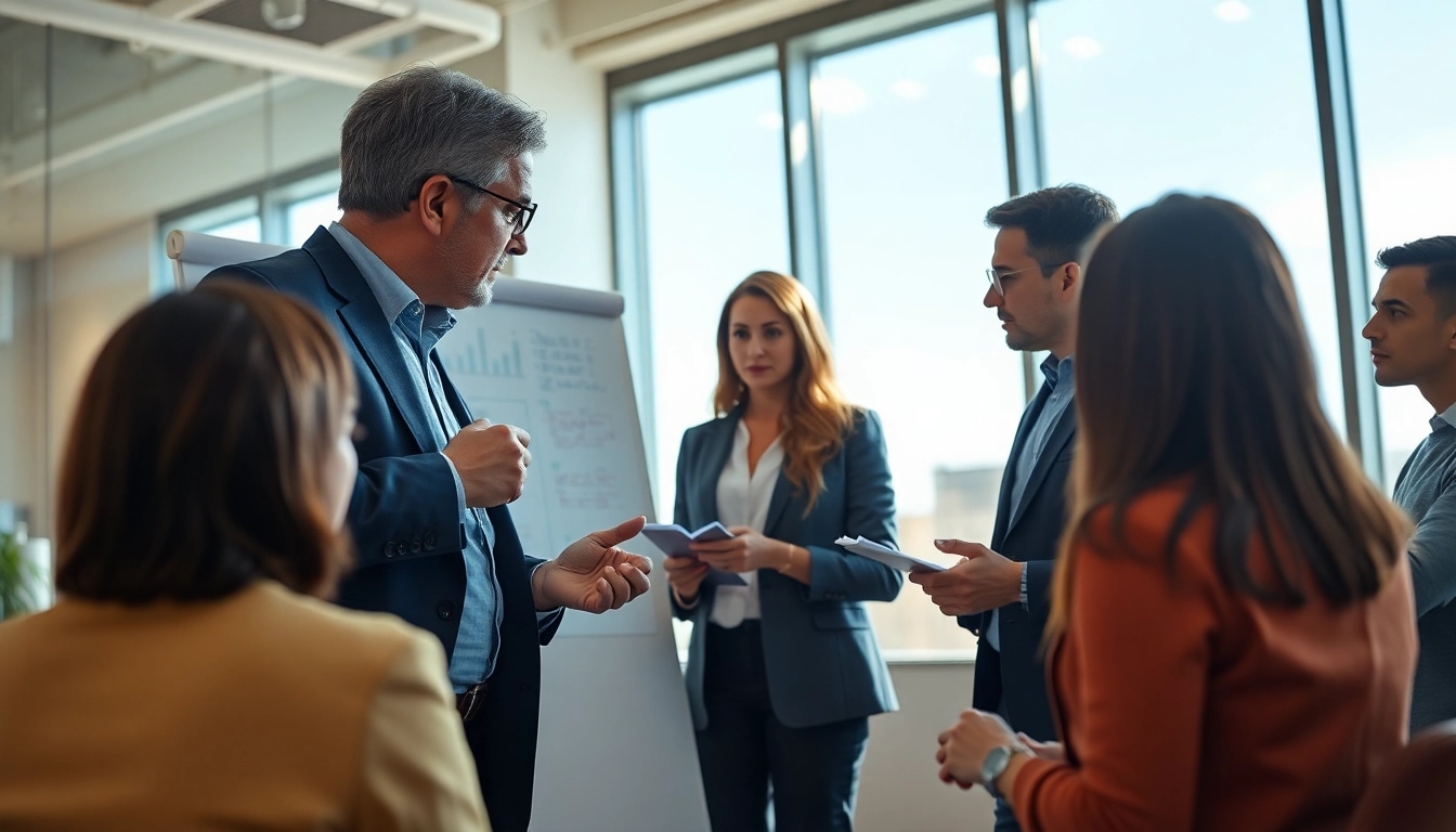 Active corporate coach facilitating a productive session with executives in a bright office.